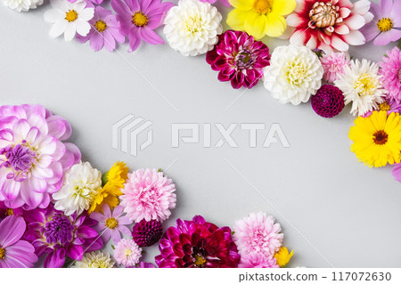 Creative layout made of flowers asters, dahlias, calendula. Floral Greeting card. Colorful autumn flower background with space for text. Nature trendy decorative design. Nature concept. Flat lay. 117072630