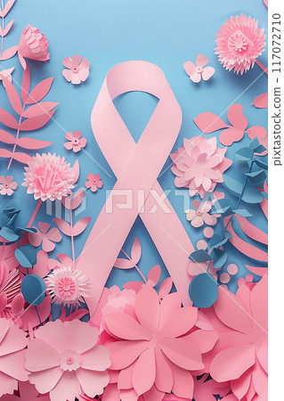 Paper cut style flowers and pink ribbon for awareness background Paper cut style flowers and pink ribbon for awareness background 117072710