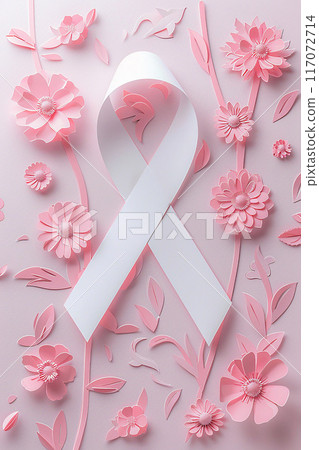 Paper cut style pink ribbon and flowers on an...-插圖素材 [117072714] - PIXTA圖庫
