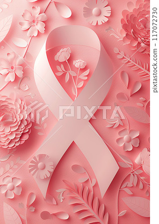 Floral elements and pink ribbon in paper cut...-插圖素材 [117072730] - PIXTA圖庫