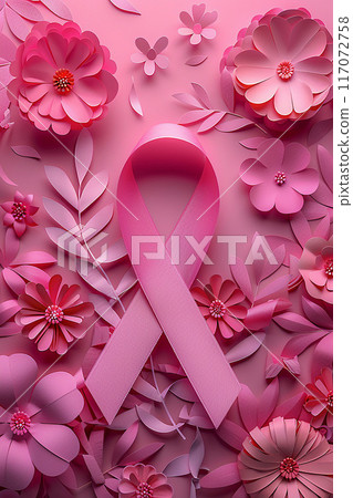 Floral elements and pink ribbon in paper cut style for awareness background, high resolution 117072758