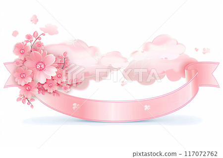 Banner with pink ribbon, flower, and cloud elements 117072762