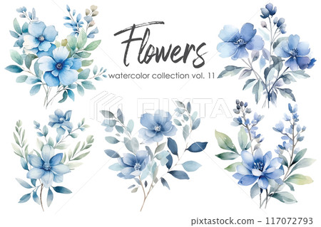 Set of blue watercolor floral elements. Hand drawn flowers and leaves isolated on white background. Set of blue watercolor floral elements. Hand drawn flowers and leaves isolated on white background. 117072793