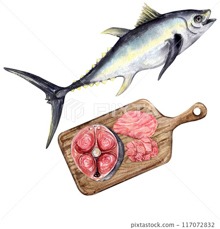 Watercolor set of a whole tuna fish and a wooden cutting board Watercolor set of a whole tuna fish and a wooden cutting board 117072832