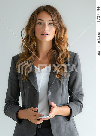 Female manager giving a presentation, isolated on white background, Labor Day, high resolution Female manager giving a presentation, isolated on white background, Labor Day, high resolution 117072940