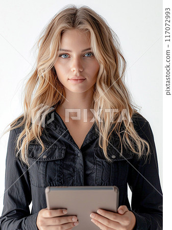 Female company employee using tablet, isolated on white background, Labor Day, high resolution 117072993