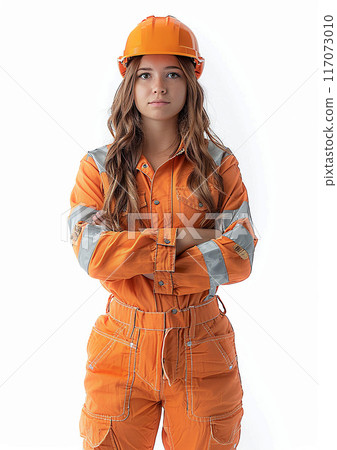 Female company employee standing, isolated on white background, Labor Day, high resolution 117073010
