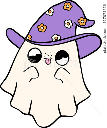 Groovy Retro Halloween Ghost Cartoon Character Doodle Hand Drawing  Vibrant Bold Funky Art 117073256