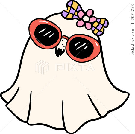Groovy Retro Halloween Ghost Cartoon Character Doodle Hand Drawing  Vibrant Bold Funky Art 117073258