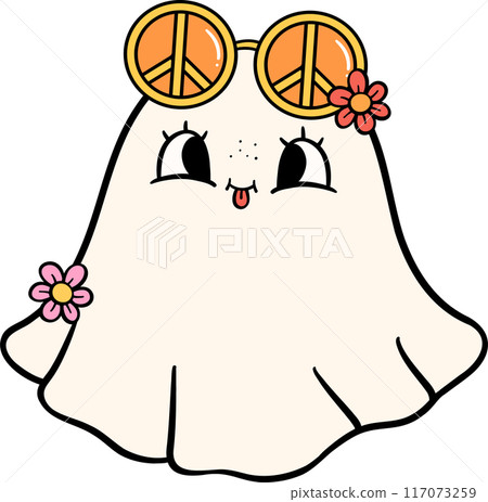 Groovy Retro Halloween Ghost Cartoon Character Doodle Hand Drawing  Vibrant Bold Funky Art 117073259