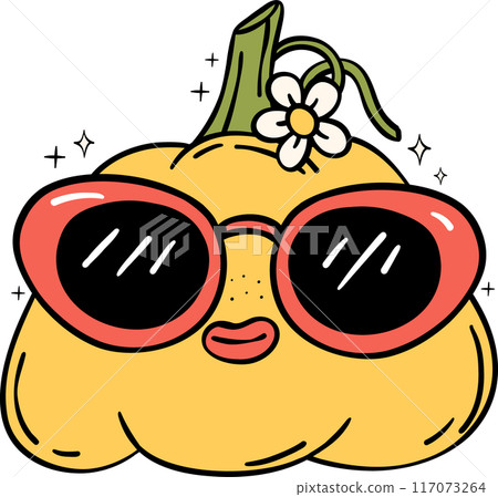 Groovy Retro Halloween pumpkin Cartoon Character Doodle Hand Drawing Vibrant Bold Funky Art Groovy Retro Halloween pumpkin Cartoon Character Doodle Hand Drawing Vibrant Bold Funky Art 117073264