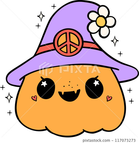 Groovy Retro Halloween pumpkin Cartoon Character Doodle Hand Drawing  Vibrant Bold Funky Art 117073273