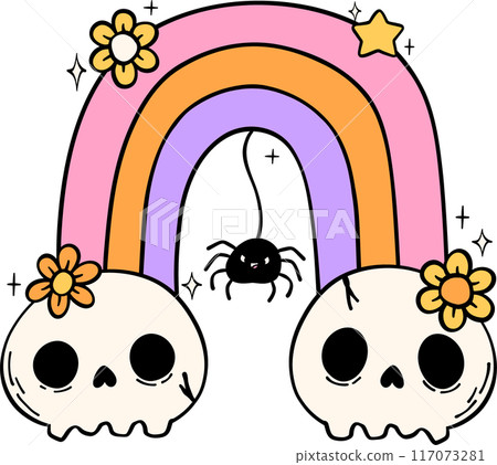 Groovy Retro Halloween skull rainbow Cartoon Character Doodle Hand Drawing  Vibrant Bold Funky Art 117073281