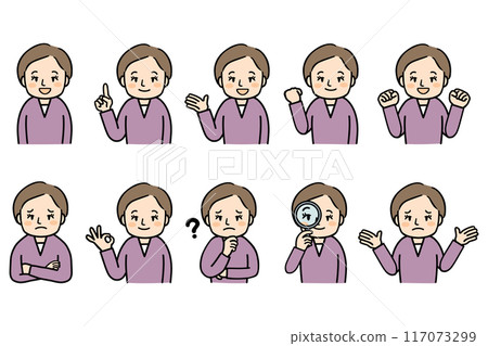 Middle-aged woman upper body pose set Middle-aged woman upper body pose set 117073299