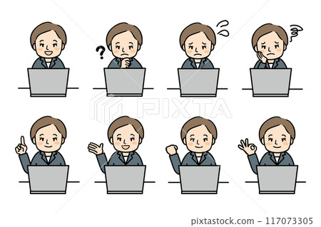 Upper body illustration set of a middle-aged woman operating a personal computer Upper body illustration set of a middle-aged woman operating a personal computer 117073305