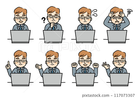 Illustration set of a male office worker wearing glasses operating a computer 117073307