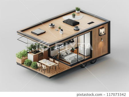 Minimalist 3D isometric tiny house mockup, white background, 117073342