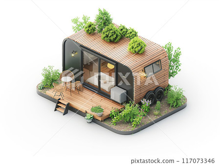 Minimalist 3D isometric tiny house mockup, white background, 117073346