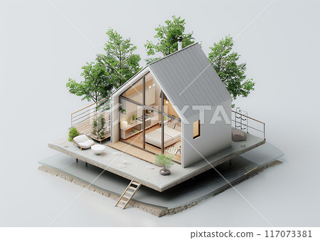 White background with 3D isometric tiny house mockup, 117073381