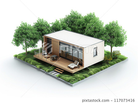 Tiny house model, 3D isometric view, plain white background, 117073416