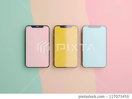 Mockup of social media stories on blank smartphone screens, pastel background, modern layout 117073450