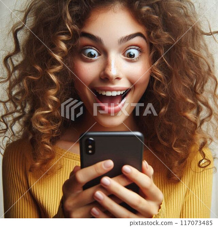 年輕女子，智慧型手機，看著相機 117073485