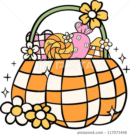 Groovy Retro Halloween pumpkin basket Cartoon Character Doodle Hand Drawing  Vibrant Bold Funky Art 117073498