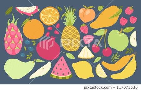 A delightful assortment of colorful fruit illustrations, including tropical and citrus, on a dark background, perfect for healthy eating menu themes. 117073536