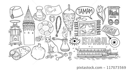 Istanbul doodle set, Turkish symbols outline collection, Hand-drawn sketch collection of traditional Istanbul icons including tram, Galata Tower, Turkish coffee, tea, lokum, and a ferry 117073569