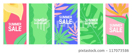 Colorful tropical sale banners with vibrant leaves and flowers, perfect for summer promotions. Colorful tropical sale banners with vibrant leaves and flowers, perfect for summer promotions. 117073586