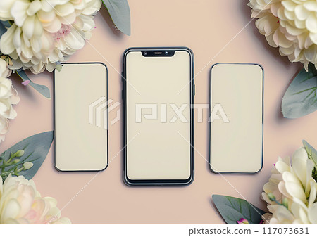 Mockup of blank smartphone screens, social media stories, pastel tones, sophisticated layout 117073631