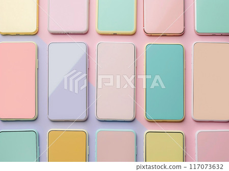 Collection of social media story layouts on blank smartphone screens, pastel theme 117073632