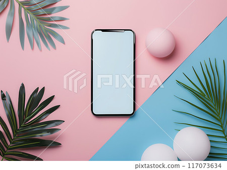 Blank smartphone screen mockup, social media story layouts, pastel background, stylish design 117073634