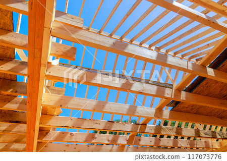 Using trusses rafters as frameworks, wooden roof beams can be constructed Using trusses rafters as frameworks, wooden roof beams can be constructed 117073776