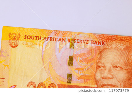 Portrait Nelson Rolihlahla Mandela is from South Africa 200 rand is national currency of country banknotes issued by National Bank of South Africa are in circulation front view Portrait Nelson Rolihlahla Mandela is from South Africa 200 rand is national currency of country banknotes issued by National Bank of South Africa are in circulation front view 117073779