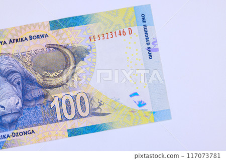 Series of banknotes issued by National Bank of South Africa denominated in 100 rands cash rear view 117073781
