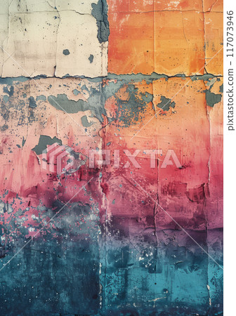 Retro cement wall with vintage poster remnants, eclectic mix of faded colors. 117073946