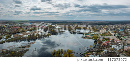 Aerial view vibrant urban landscape with water and overcast sky blending city and nature beautifully 117073972