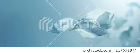 Soft, pastel blue background with a gently falling petal 117073974