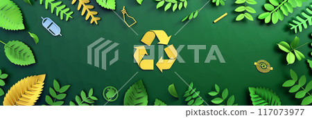 back-to-school background, eco-friendly geometric patterns and icons, environmental studies leaves and recycling, green design 117073977