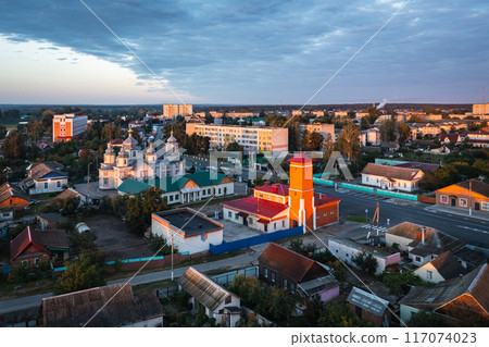 Scenic Aerial View of a Charming and Picturesque Town fire station 117074023