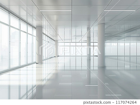 High-resolution office background featuring a modern business hall with reflective floors, 117074264