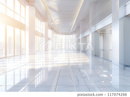 Business hall with modern design, light reflections on the floor, high-resolution office background, 117074266