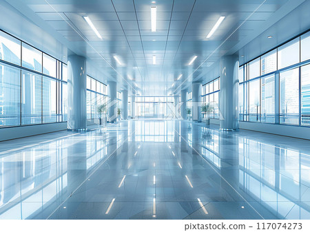 Business hall with modern design, light reflections on the floor, high-resolution office background, 117074273