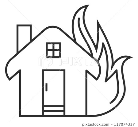 Burning house. Emergency line icon. Building fire 117074337