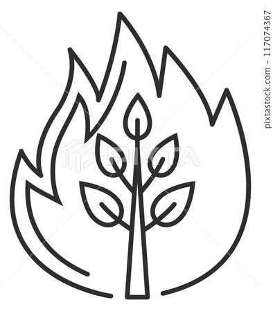 Burning tree symbol. Forest fire black line icon 117074367