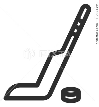 Hockey puck and stick line logo. Sport equipment Hockey puck and stick line logo. Sport equipment 117074394