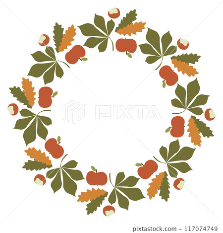 Fall leaf Wreath Vector clipart, Autumn Round Flat Botany Frame. Isolated on white Illustration in Cartoon Style. Color Leaves background with Space for Text, Template with Copy Space for Card 117074749
