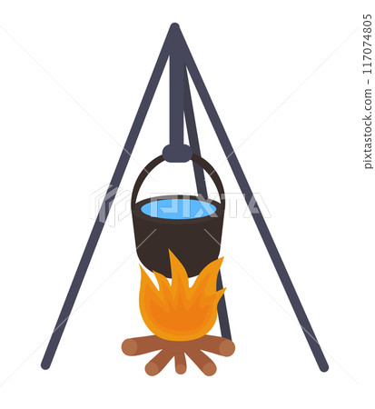 Pot on campfire. Cooking in a cauldron on flame. Hiking Food. Vector flat illustration. 117074805