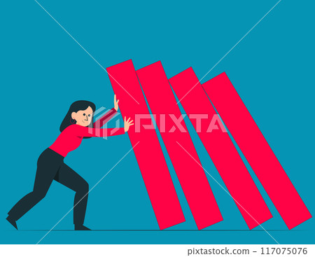 Person pushing falling domino line. Problem solving and stopping concept Person pushing falling domino line. Problem solving and stopping concept 117075076